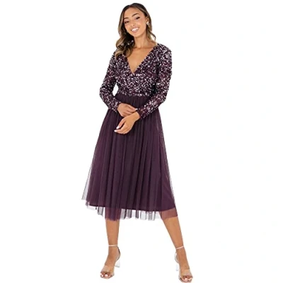 Afbeelding van Maya Deluxe Dames Faux Warp Front Versierde Midi Jurk Bruidsmeisje, Berry, 20