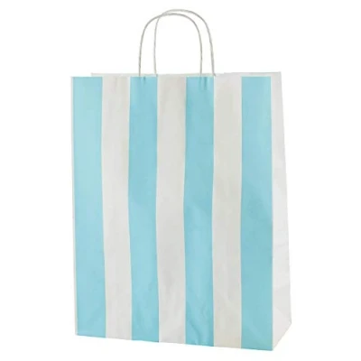 Afbeelding van Thepaperbagstore 20 Gekleurde Papieren Zakken, Recyclebaar En Herbruikbaar, Met Gedraaide Handvatten, Lichtblauw Witte Strepen Middelgroot 250x110x310mm