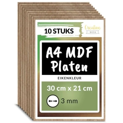 Afbeelding van Creative Deco 10 x A4 MDF Plaat Eiken 300 210 3 mm Perfect voor Lasersnijden, CNC Frezen, Modelleren, Freeswerk, Figuurzagen