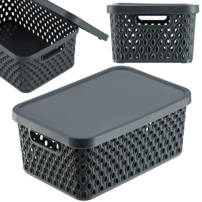 Afbeelding van KADAX Opbergmand, mand met deksel, opbergkist, opbergdoos van plastic, moderne plankmand, container ventilatiegaten (4,5 l, grijs)