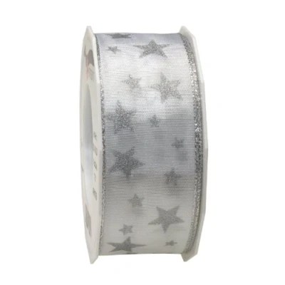 Afbeelding van Präsent 40 mm 20 m ARKTIS band met draad, zilveren rand, wit/zilver