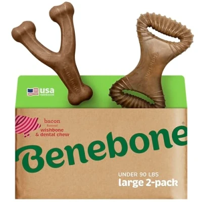 Afbeelding van Benebone 2 pack onverwoestbare tandkauw/draagarm voor agressieve kauwers, langdurige taaie vervelingbreker honden, echte speksmaak, grote gemaakt in de VS.