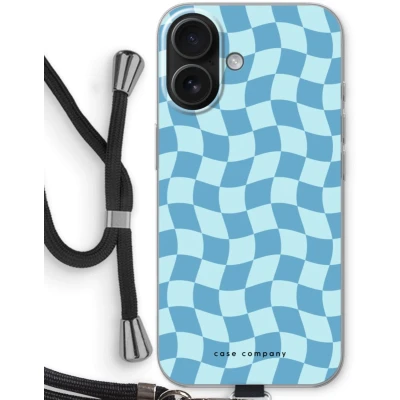 Afbeelding van Case Company® hoesje met Koord geschikt voor iPhone 16 Grid Blauw Telefoonhoesje Zwart Bescherming aan alle Kanten en Over de Schermrand