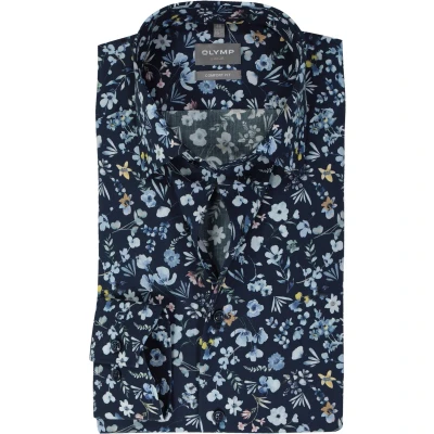 Afbeelding van OLYMP comfort fit overhemd popeline marine blauw dessin Strijkvrij Boordmaat: 45