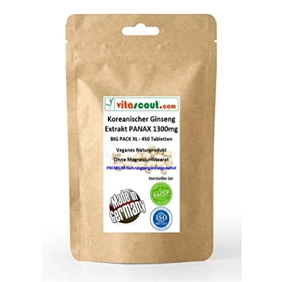 Afbeelding van Koreaanse ginseng 450 tabletten PANAX extract komt overeen met 1300 mg poeder per tablet zonder magnesiumstearaat