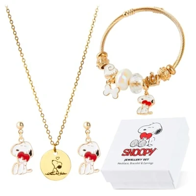 Afbeelding van Peanuts Snoopy sieraden voor vrouwen, tieners, set van 3 gouden kettingen, oorbellen, armbanden, cadeaus haar, Eén maat, Legering, ijzer en email, Geen edelsteen