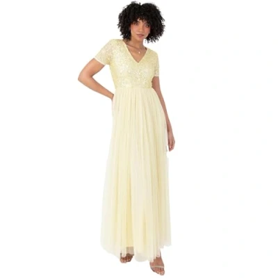 Afbeelding van Maya Deluxe Dames V hals verfraaid maxi jurk korte mouw Empire taille Prom afstuderen bruidsmeisje bruiloft gast, Citroen, 16, 42