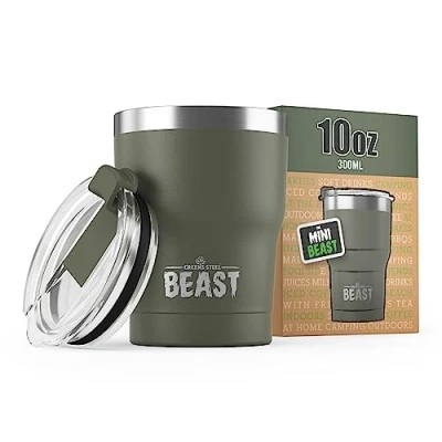 Afbeelding van BEAST Thermosbeker voor koffie, 300 ml, legergroen, roestvrij staal, herbruikbaar, thermokopjes, 2 rietjes en reinigingsborstel, dubbelwandige reiskoffie, warme of ijskoffie