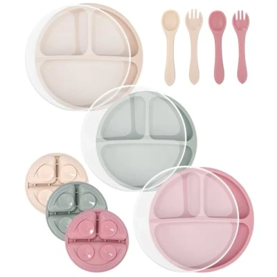 Afbeelding van SinLaw siliconen babyborden met zuignap en deksel, gedeelde antislip borden, servies voor baby&#039;s peuters, BPA vrij, vaatwasmachinebestendig, 3 stuks babybordenset, kinderborden