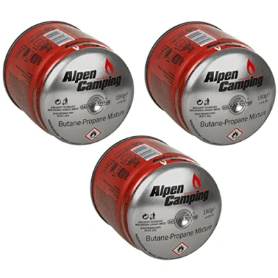 Afbeelding van Alpen Camping IK006 3 x 400 ml / 190 g gaspatronen propaan butaan steekpatroon voor gasfornuis, campingkooktoestel, bunsenbrander, soldeerbrander, EN417 gasblok systeem (3 stuks)