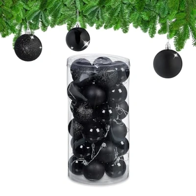 Afbeelding van Relaxdays kerstballen kerstboom ballen kerstboomversiering kunststof set van 30 zwart