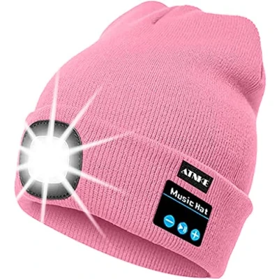 Afbeelding van ATNKE LED Verlichte Bluetooth Beanie Cap, USB Oplaadbare Draadloze Muzikale Loophoed Ultra Bright 4 Waterdicht Licht Lamp Gebruik voor Skiën Wandelen Kamperen Fietsen/Pink