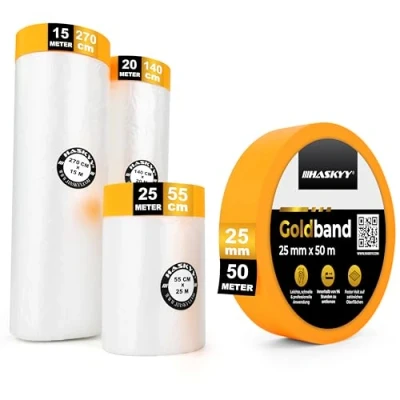 Afbeelding van HASKYY Afdekfolie schilderfolie professionele bouwfolie set van 4 55 cm x 25 m 140 20 270 15 82,25 m² met goudband afplakband, masker, tape, Washi tape