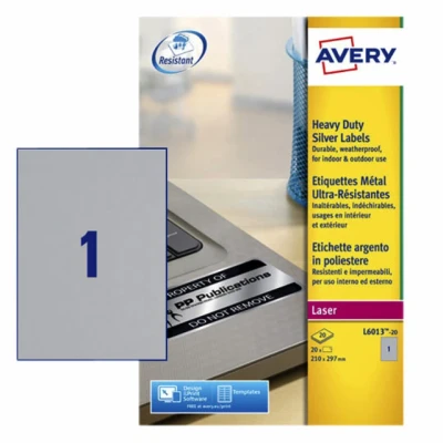 Afbeelding van Etiket Avery L6013 20 210x297mm zilver 20stuks