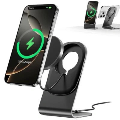 Afbeelding van Mag Safe, BHHB laadstation met standaard, 15 W, draadloze oplader voor iPhone 15/14/13/12 serie en Air Pods 3/2/Pro, zwart