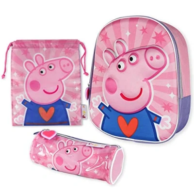 Afbeelding van Schooltas 3D, koordtas, etui Peppa Pig Schooltassen voor jongens en meisjes 3 jaar oud Schooltassenpakket met rugzak, lunchtas, Terug naar school