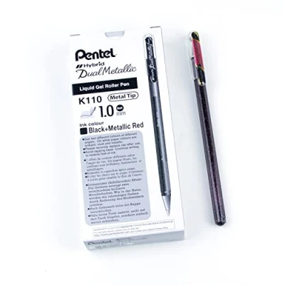 Afbeelding van Pentel K110 DAX Dual metallic Hybrid Gel Roller, Glitter Gel, 12 stuks, zwart/rood 2 verschillende kleureffecten op licht/donker papier zwart + rood