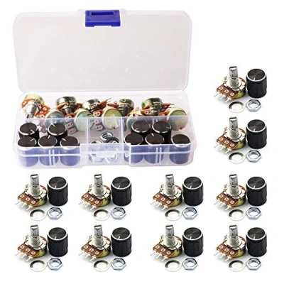 Afbeelding van GTIWUNG 10 stks B10K Ohm Gekartelde As Lineaire Roterende Taper Potentiometer met Zwarte Knop (WH148) Kit, 3 Terminal
