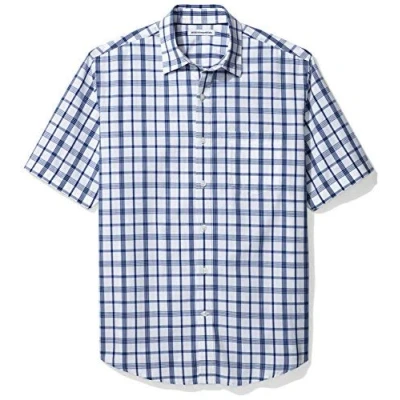 Afbeelding van Amazon Essentials Men&#039;s Poplin overhemd met normale pasvorm en korte mouwen, Donkerblauw Wit Plaid, XXL