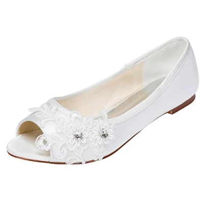 Afbeelding van Emily Bridal Trouwschoenen Dames Satijn Platte hak Peep Toe met Kristallen Hiel Kristal, Kleur: wit, 41.5 EU