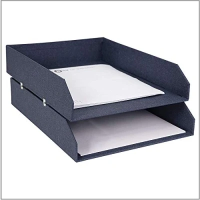 Afbeelding van Bigso Box of Sweden Hakan Set van 2 brievenbakjes voor op het bureau, stapelbare opbergvakken brieven, documenten enz., opbergsysteem vezelplaat met papier in linnenlook blauw