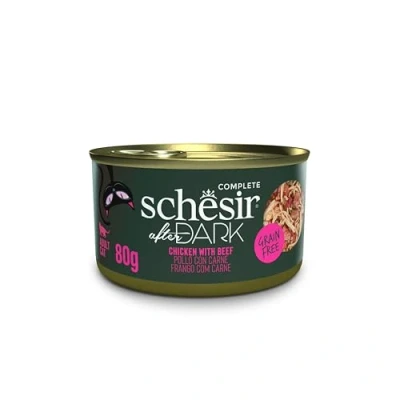 Afbeelding van Schesir, Compleet natvoer voor katten After Dark kipfilets met rundvlees in bouillon (12 blikjes x 80 g)