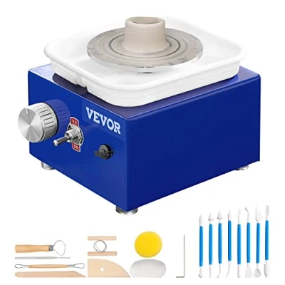 Afbeelding van VEVOR Elektrische keramische wielmachine, 2 draaiplateaus, diameter 6,5 cm/10 cm, pottenbakkersdraaibank, 30 W, keramiek, kleimachine, 0 300 omw/min, met pedaal, voor modelleren, handwerk, keramiek