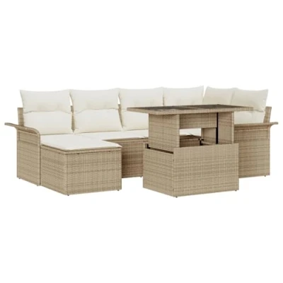Afbeelding van vidaXL 7 delige Tuin Sofaset met Kussens Beige Poly Rattan