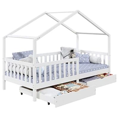 Afbeelding van IDIMEX Huisbed ELEA van massief grenen, kinderbed met valbescherming 90x200cm, speelbed dak in wit