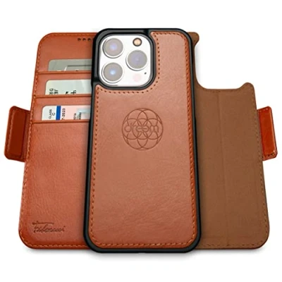 Afbeelding van Dreem Fibonacci iPhone 14 Pro Max Portemonnee Hoesje / 2 in 1 Schokbestendig MagSafe Compatibel en Afneembaar Luxe Vegan Lederen Folio met RFID Kaartbescherming Multi Standaard [Karamel]