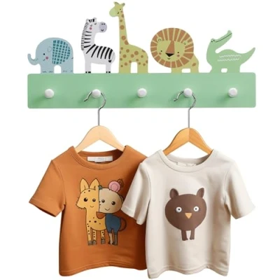 Afbeelding van Navaris kapstok voor de kinderkamer Kledinghaken aan wand Kinderkapstok met 5 haken Mdf Kledinghanger Safari dieren