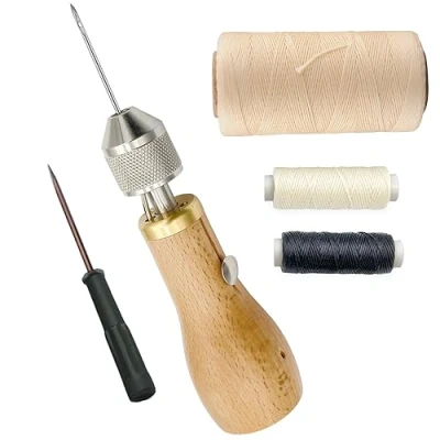 Afbeelding van Professionele snelle naai priem, handsteker, reparatiegereedschapskit voor leer en zware stoffen met 2 naalden, 1 stuk spoel 260 meter, 150D 0,8 mm, plat naaien, gewaxt koord (beige)
