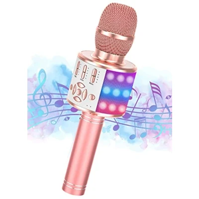 Afbeelding van Ankuka Draadloze karaoke microfoon, Bluetooth 4 in 1, draagbaar, speler met ledlampen, dans, voor feestjes, zingen, cadeau idee kinderen Roségoud Nieuw