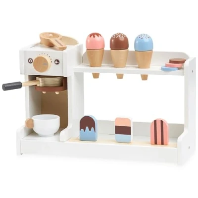 Afbeelding van Mamabrum Houten ijsbak met koffiezetapparaat voor kinderen 3+, speelgoedcafé accessoires, rollenspelen speelgoed Barista, kok, speelvoedsel ijs