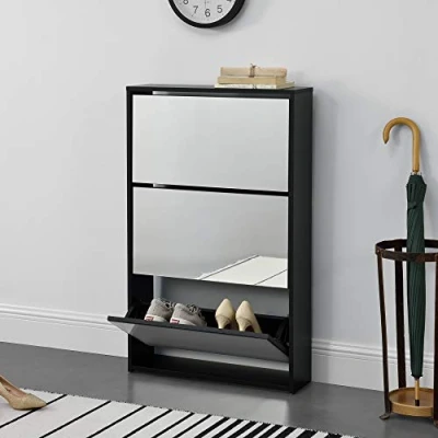 Afbeelding van Schoenenkast met spiegels 3 vouwdeuren 102,5x63x17 cm zwart