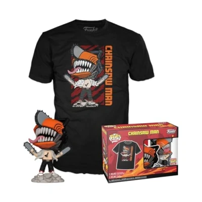 Afbeelding van Funko Pop! &amp; Tee: Chainsaw Man Leaping Small T shirt Kleding met verzamelbare vinylfiguur Cadeau idee Speelgoed en korte mouw Top voor volwassenen, uniseks mannen vrouwen Officiële