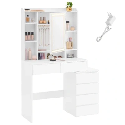 Afbeelding van VASAGLE RDT124W01 Make uptafel met ledverlichting, instelbare helderheid, kaptafel spiegel en laden, open vakken, verstelbare planken, modern, wolkenwit