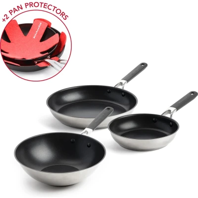 Afbeelding van KitchenAid Stainless Steel koekenpannenset 3 delig �20+28+28cm RVS inductie met gratis pannenbeschermers