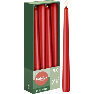 Afbeelding van Bolsius Gladde spitse kaarsen, rood, 8 stuks in doos, decoratieve huishoudelijke brandduur 7 uur, ongeparfumeerd, bevat natuurlijke plantenwas, zonder palmolie, 24,5 cm