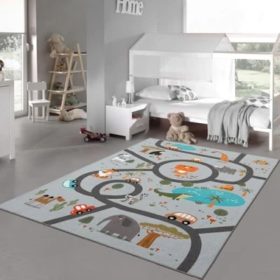 Afbeelding van Teppich Traum Kindertapijt kinderkamer tapijt wasbaar antislip speeltapijt Safari Roads auto&#039;s dieren grijs 160 x 220 cm