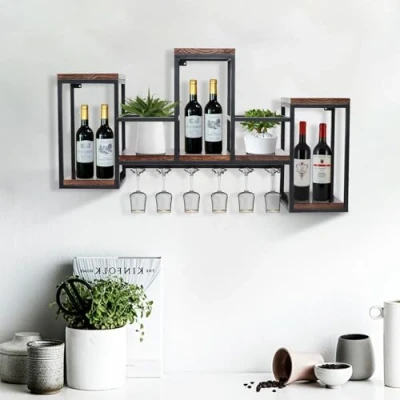 Afbeelding van 106 cm metalen wijnflessenhouder flessenrek wijnflessenrek wandmontage muur wijnrek glazen houder vintage bar houten rek wijnhouder van eetkamer opslag display