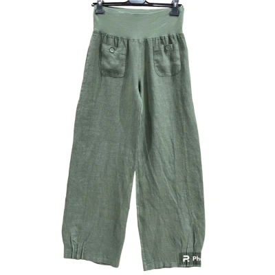 Afbeelding van Linnen broek met brede elastische talie steekzakjes rechte pijpen kleur MILITAIR GROEN maat 40/42