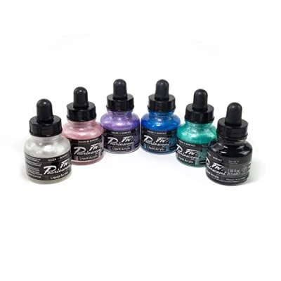 Afbeelding van Daler Rowney FW Acrylinkset voor kunstenaars en studenten, 6 parelglanskleuren met lege marker, acrylverfset kunstenaarskalligrafie