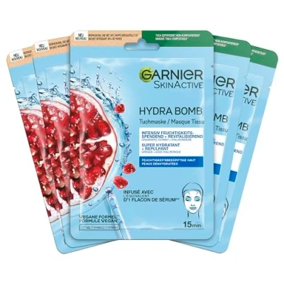 Afbeelding van Garnier SkinActive Hydra Bomb Doekmasker, intensief hydraterend en revitaliserend, met hyaluronzuur granaatappelextract, 5 x 28 g