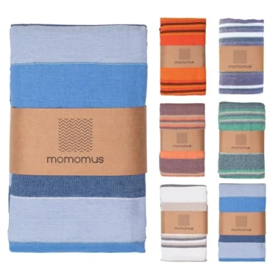 Afbeelding van MOMOMUS Picknickdeken XXL voor het strand, opvouwbaar, groot en met franjes, strandmat, zandvrij picknicks of lichte campingdeken, blauw, 210 x 240 cm