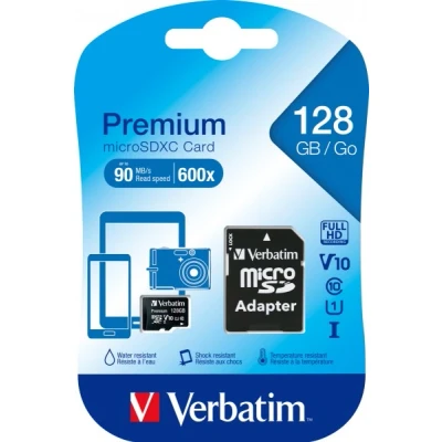 Afbeelding van Verbatim microSDXC kaart 128 GB, Premium, klasse 10, U1 90 MB/s, (W) 10 SD adapter, blisterverpakking
