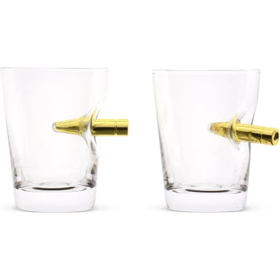 Afbeelding van CKB ltd Take the Shot Whiskey glazen whisky whiskeyglazen tumbler glas drank whiskeyglas tumblerglas whiskeyaccessoires beker wiskey glass bullets tumblers glasses tumblerglazen cup luxe proefglas kogels jack daniels goud 60ml 2 stuks
