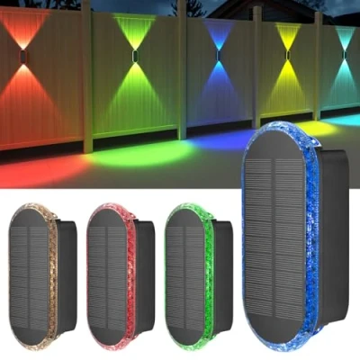 Afbeelding van Ellasay Fence Buitenlamp Zonne energie LED: 3000K warm wit en RGB Zonnelampen op &amp; neerwaarts licht IP65 waterdicht hek tuin terras oprit (4 stuks)