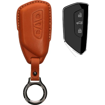 Afbeelding van kwmobile leren autosleutel hoesje geschikt voor VW Golf 8 3 knops Als sleutelhanger met sleutelring Echt leer in bruin