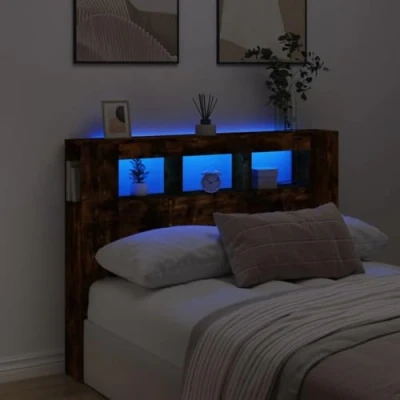 Afbeelding van Hoofdeinde met LED 140x18,5x103,5 cm bewerkt hout gerookt eiken